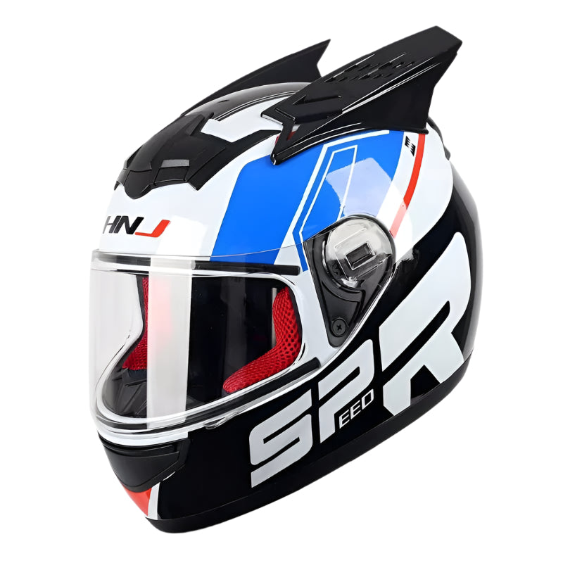 White, Black, Blue, Red Motorcycle Helmet with Horns, Blue Visor by KingsMotorcycleFairings.com