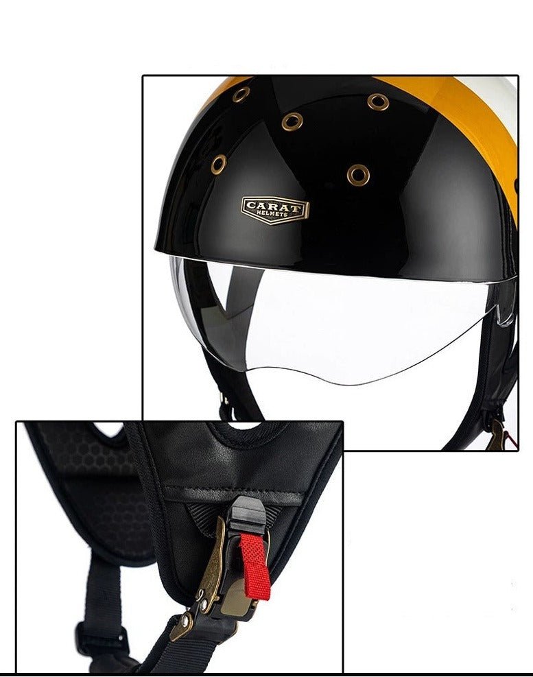 gold motorcycle half helmet White, Black & Gold Half Bucket Motorcycle Helmet