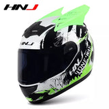 The White, Black and Green Splash HNJ Full-Face Motorcycle Helmet with Horns is brought to you by Kings Motorcycle Fairings