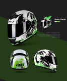 The White, Black and Green Splash HNJ Full-Face Motorcycle Helmet with Horns is brought to you by Kings Motorcycle Fairings