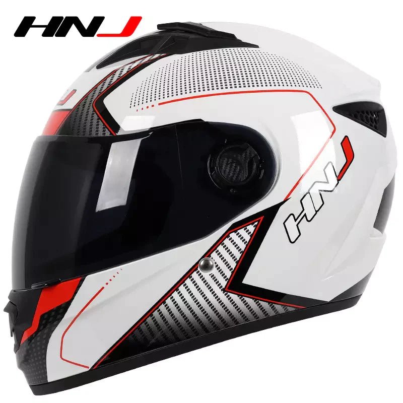 The White, Black and Red HNJ Full-Face Motorcycle Helmet is brought to you by Kings Motorcycle Fairings