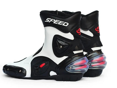White, Black & Red Speed Leather Motorcycle Mid Boots at KingsMotorcycleFairings.com