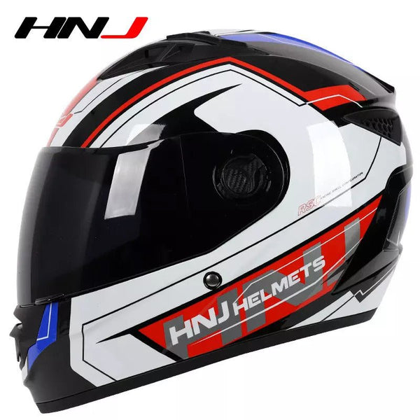 The White, Black, Red & Blue HNJ Full-Face Motorcycle Helmet is brought to you by Kings Motorcycle Fairings
