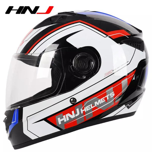 The White, Black, Red & Blue HNJ Full-Face Motorcycle Helmet is brought to you by Kings Motorcycle Fairings