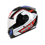 White, Black, Red & Blue HNJ Motorcycle Helmet with Black Visor