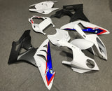 White, Blue, Red and Matte Black Fairing Kit for a 2009, 2010, 2011, 2012, 2013 and 2014 BMW S1000RR motorcycle.