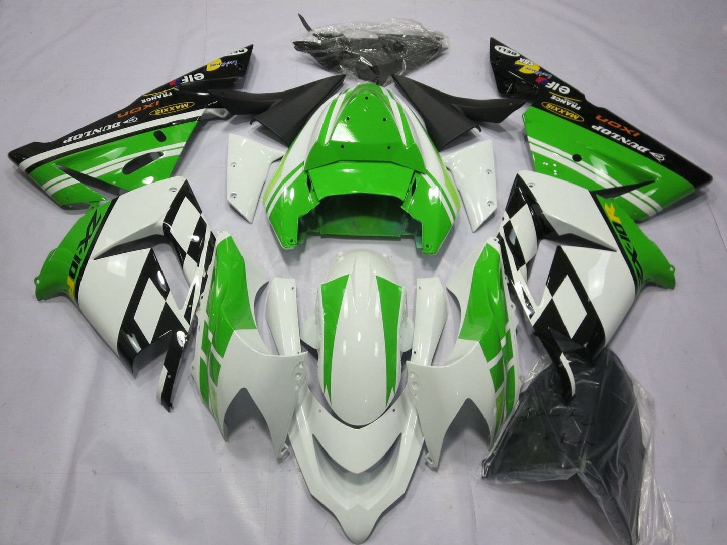White and Green Fairing Kit for a 2004 & 2005 Kawasaki ZX-10R motorcycle