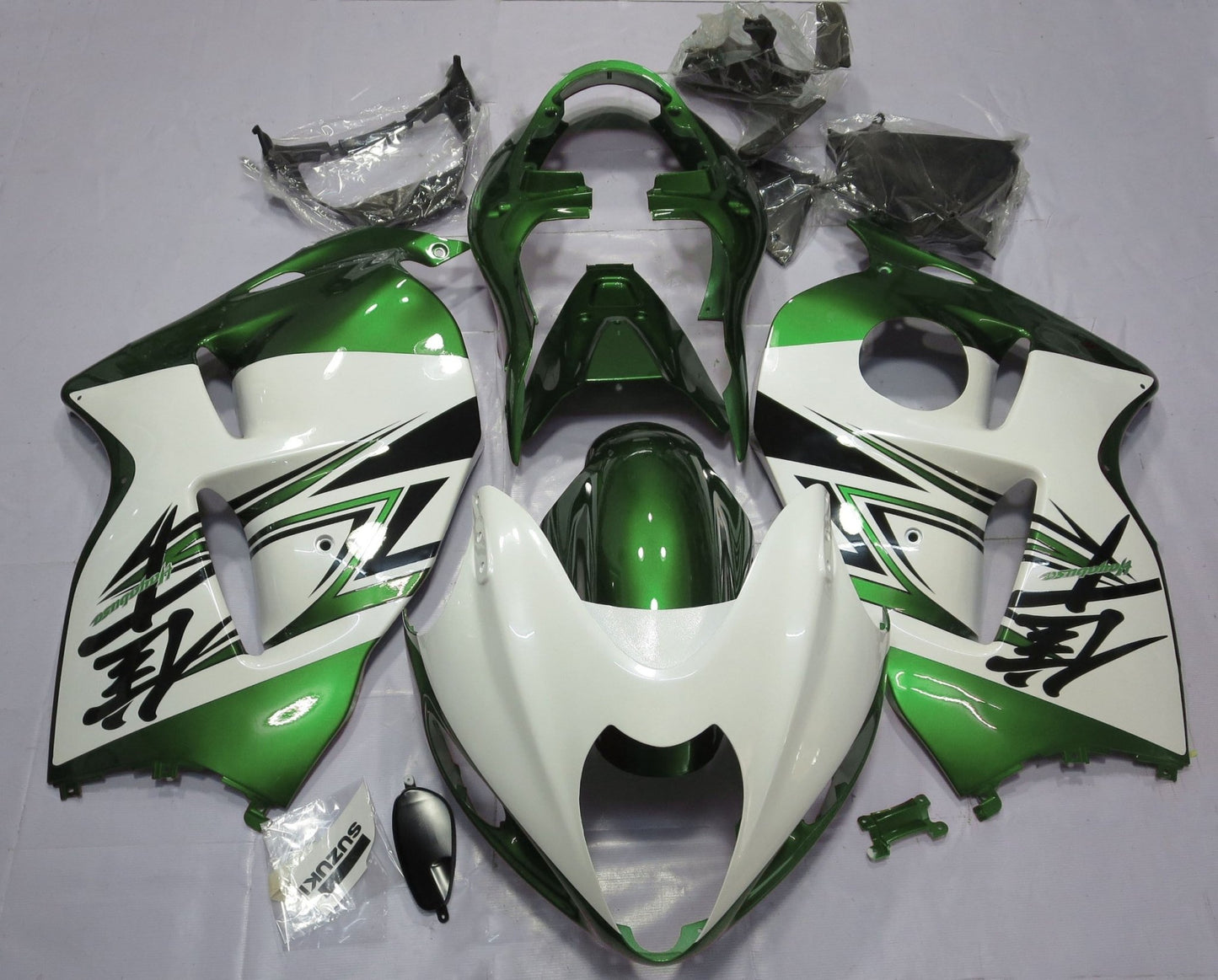 White, Green and Black Fairing Kit for a 1999, 2000, 2001, 2002, 2003, 2004, 2005, 2006, & 2007 Suzuki GSX-R1300 Hayabusa motorcycle