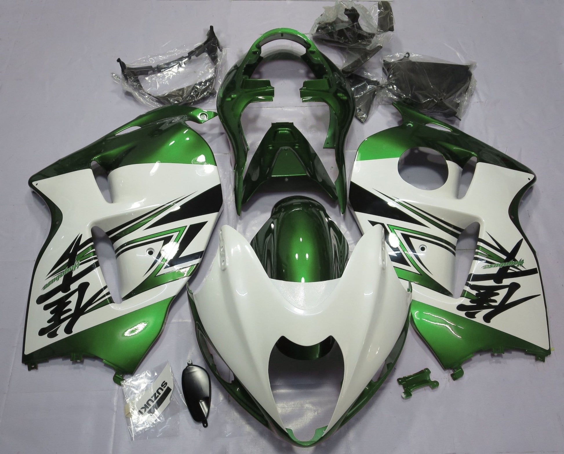 White, Green and Black Fairing Kit for a 1999, 2000, 2001, 2002, 2003, 2004, 2005, 2006, & 2007 Suzuki GSX-R1300 Hayabusa motorcycle