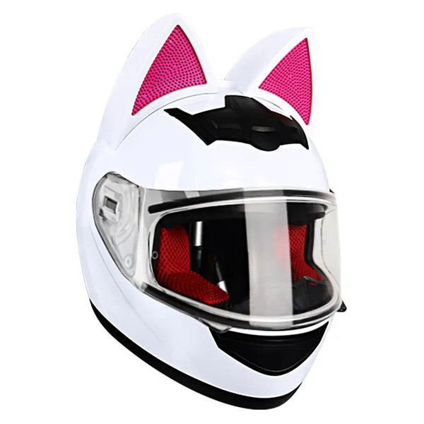The White and Pink HNJ Full-Face Motorcycle Helmet with Cat Ears is brought to you by Kings Motorcycle Fairings.
