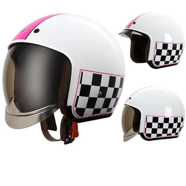 White, Pink and Black Checkered Retro Motorcycle Helmet is brought to you by KingsMotorcycleFairings.com