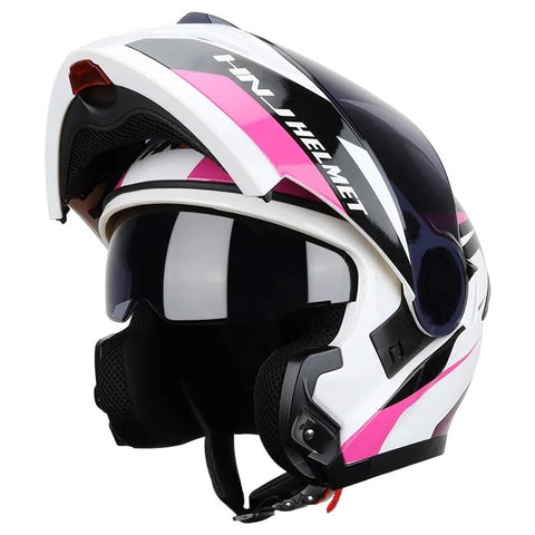 White, Pink and Black HNJ Modular Full-Face Motorcycle Helmet brought to you by KingsMotorcycleFairings.com