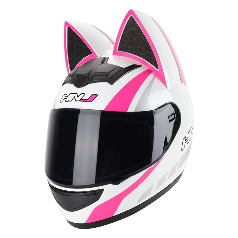 The White, Pink and Silver HNJ Full-Face Motorcycle Helmet with Cat Ears is brought to you by KingsMotorcycleFairings.com