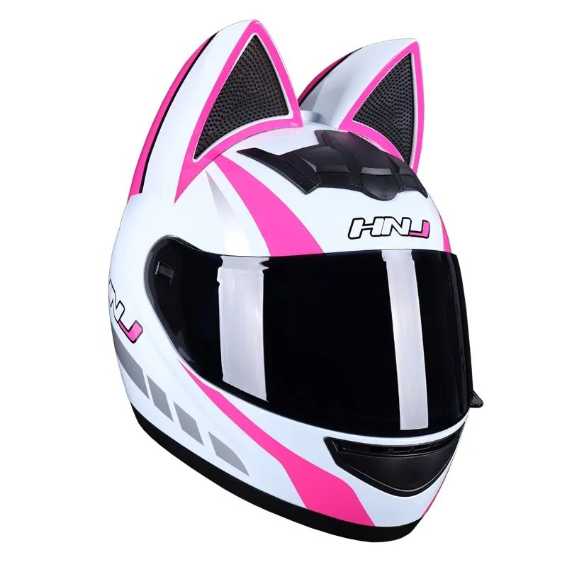 White Pink Silver HNJ Motorcycle Helmet with Cat Ears Black Visor