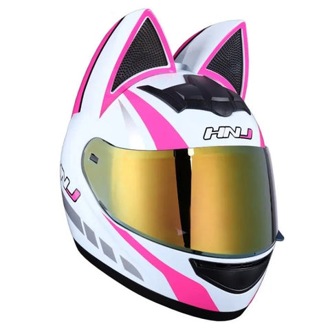 The White, Pink and Silver HNJ Full-Face Motorcycle Helmet with Cat Ears is brought to you by Kings Motorcycle Fairings
