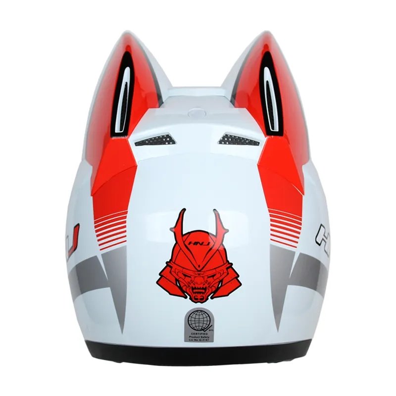 The White, Red and Silver HNJ Full-Face Motorcycle Helmet with Cat Ears is brought to you by Kings Motorcycle Fairings