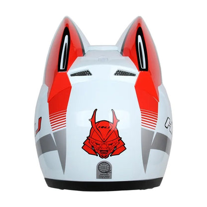 The White, Red and Silver HNJ Full-Face Motorcycle Helmet with Cat Ears is brought to you by Kings Motorcycle Fairings