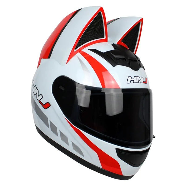 The White, Red and Silver HNJ Full-Face Motorcycle Helmet with Cat Ears is brought to you by Kings Motorcycle Fairings