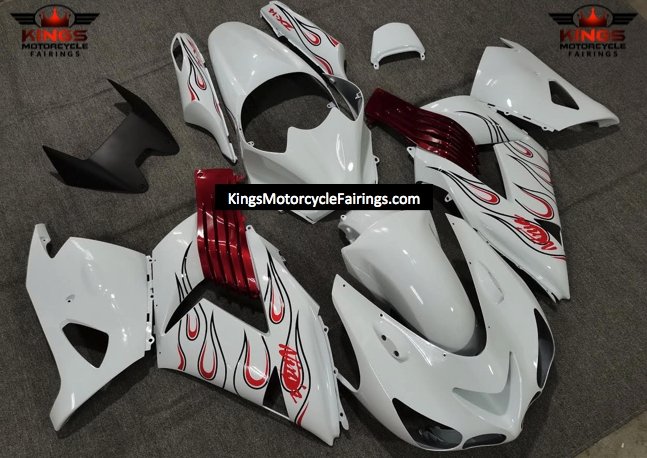 White, Red and Black Flame Fairing Kit for a 2006, 2007, 2008, 2009, 2010 & 2011 Kawasaki Ninja ZX-14R motorcycle