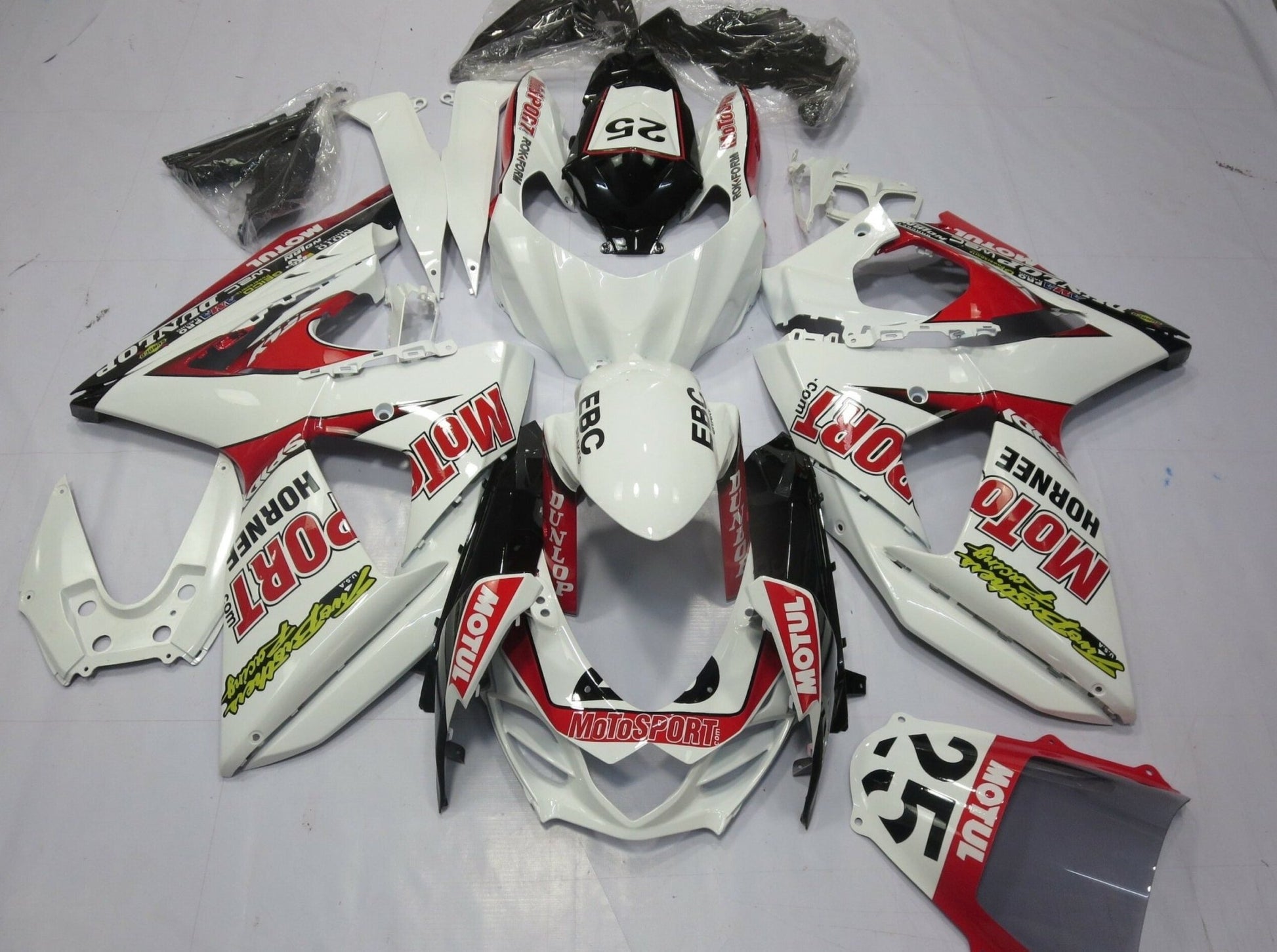 White, Red and Black Motul Fairing Kit for a 2009, 2010, 2011, 2012, 2013, 2014, 2015 & 2016 Suzuki GSX-R1000 motorcycle