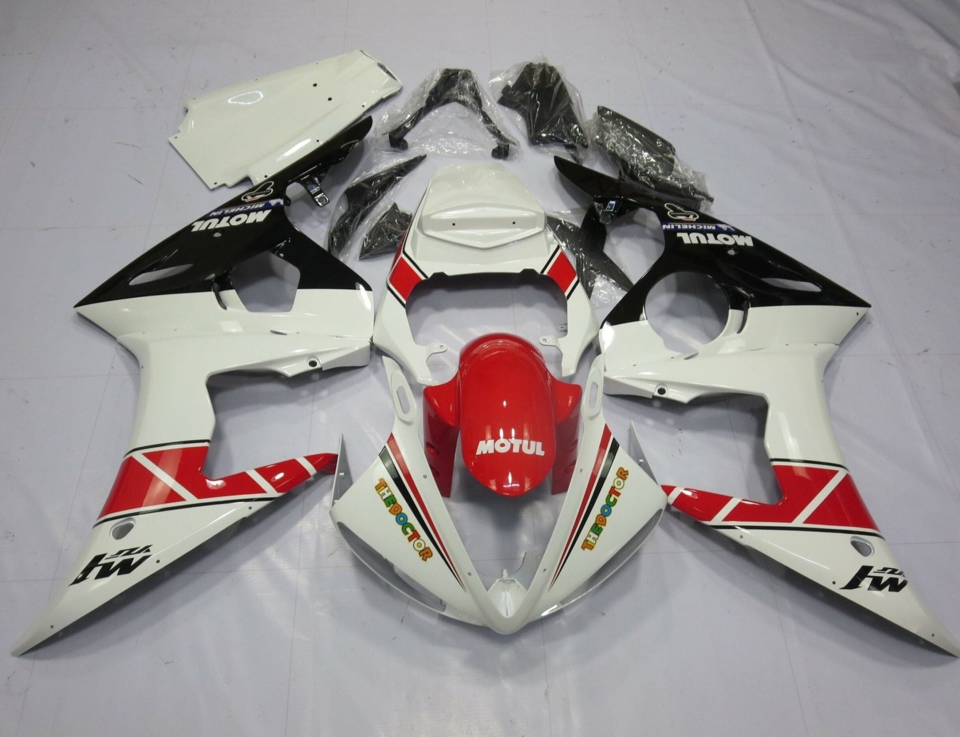 White, Red and Black Fairing Kit for a 2005 Yamaha YZF-R6 motorcycle