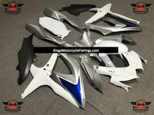 White, Silver, Blue and Matte Black Fairing Kit for a 2008, 2009, & 2010 Suzuki GSX-R600 motorcycle