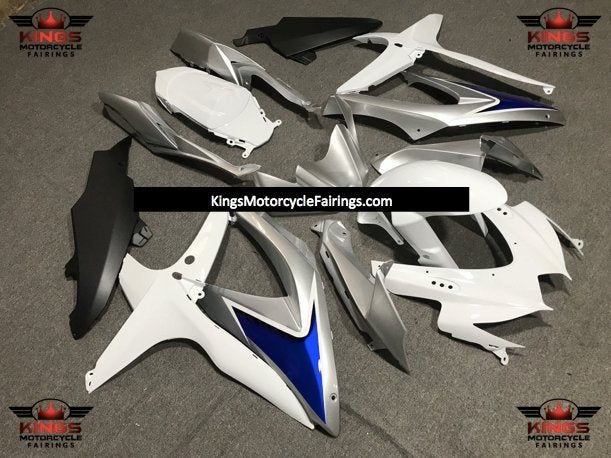 White, Silver, Blue and Matte Black Fairing Kit for a 2008, 2009 & 2010 Suzuki GSX-R750 motorcycle