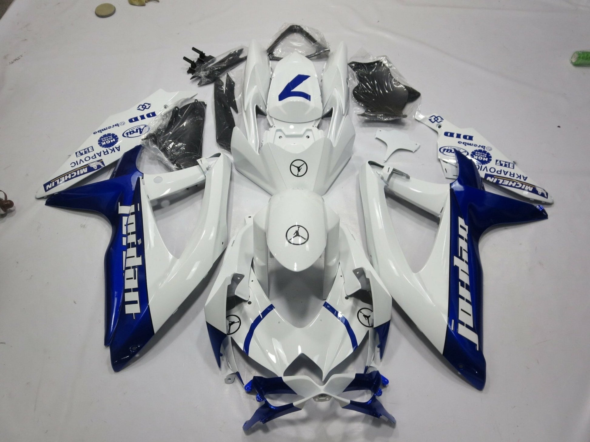 White and Blue Jordan Fairing Kit for a 2008, 2009 & 2010 Suzuki GSX-R750 motorcycle