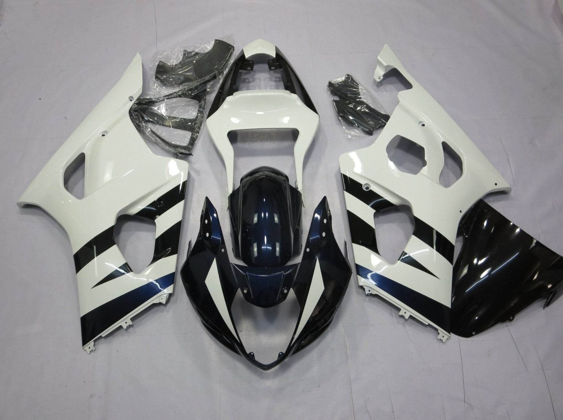 White and Dark Blue Fairing Kit for a 2003 & 2004 Suzuki GSX-R1000 motorcycle
