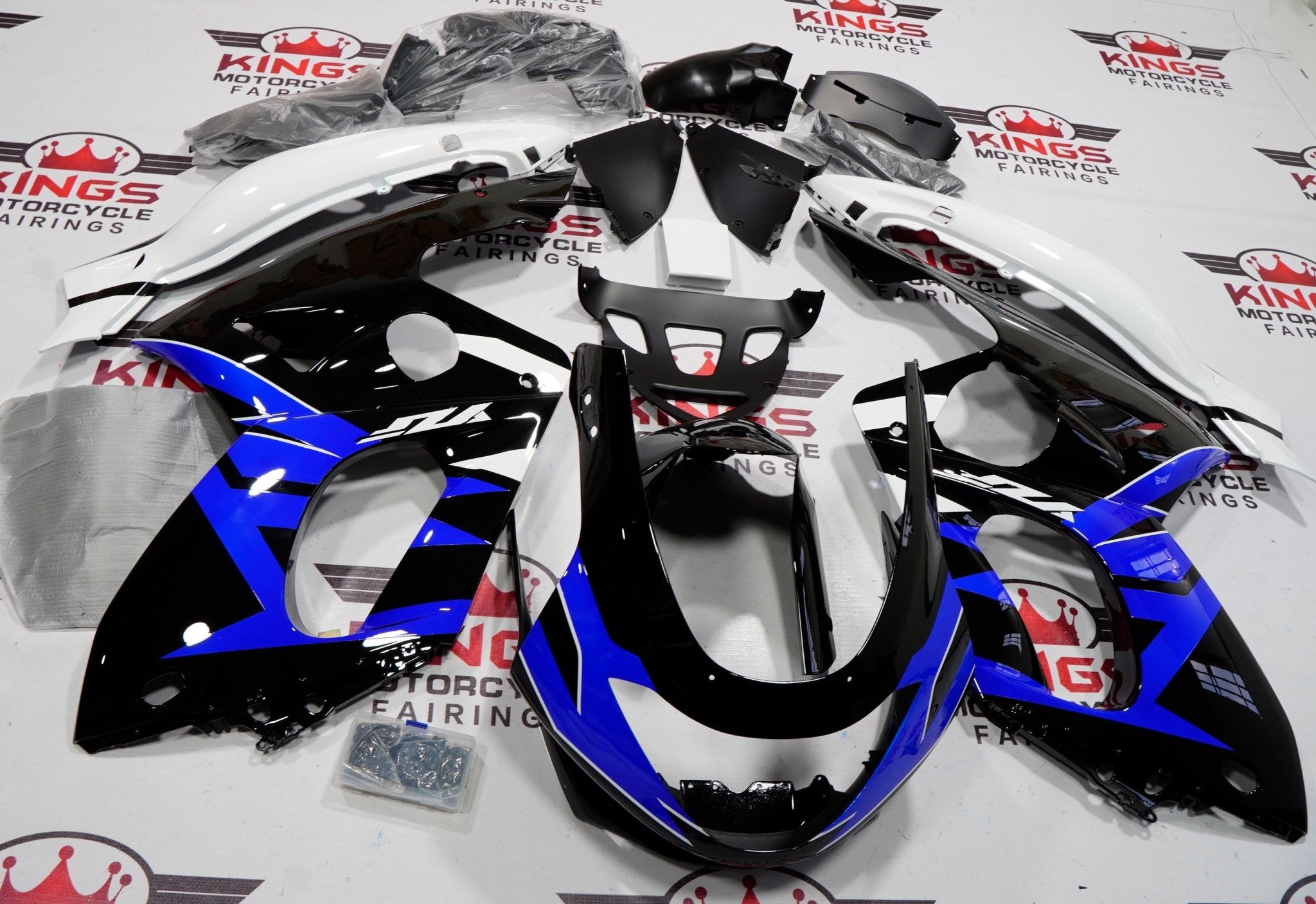 Black, Blue and White Fairing Kit for a 1998, 1999, 2000, 2001, 2002, 2003, 2004, 2005, 2006 & 2007 Yamaha YZF600R motorcycle