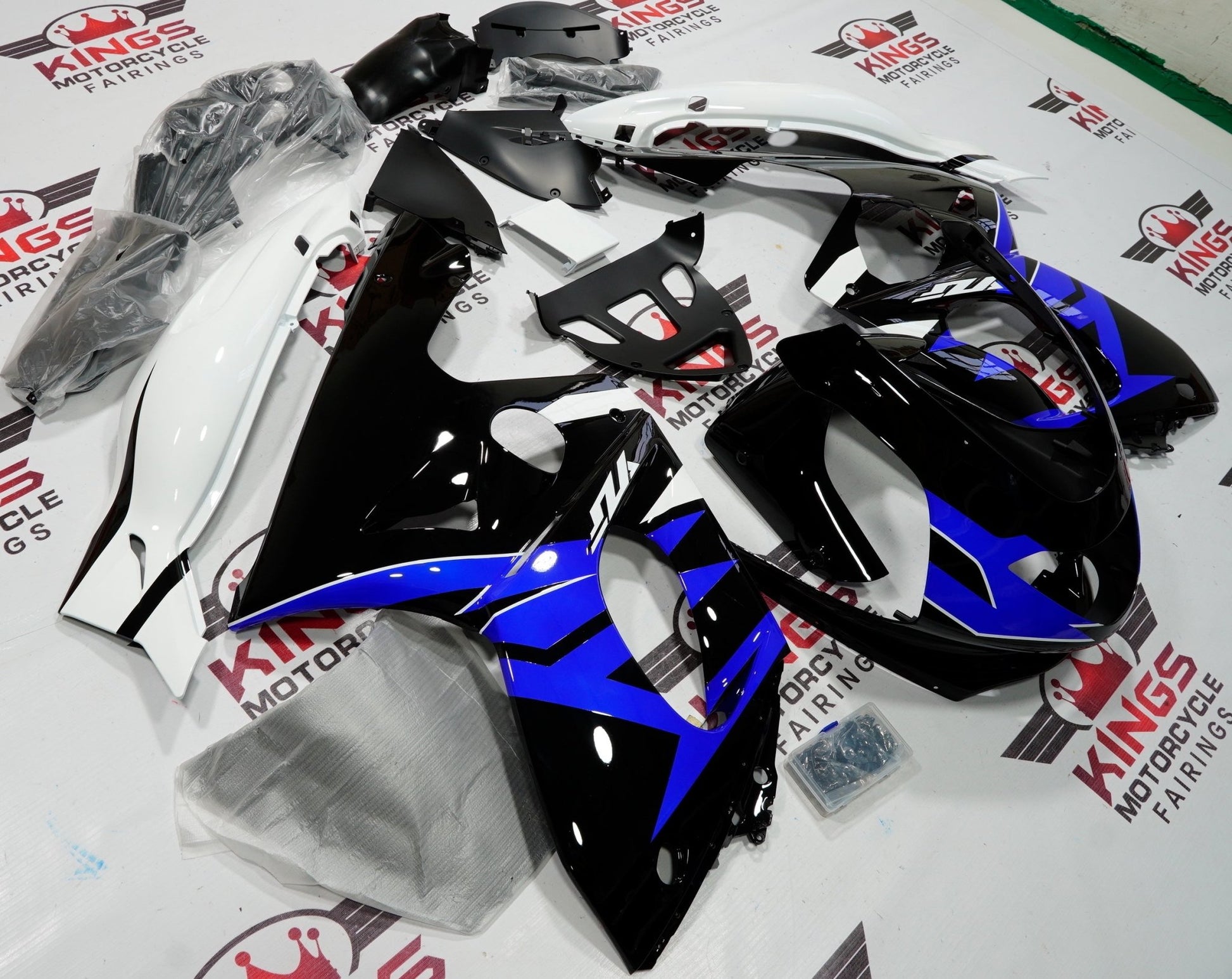 Black, Blue and White Fairing Kit for a 1998, 1999, 2000, 2001, 2002, 2003, 2004, 2005, 2006 & 2007 Yamaha YZF600R motorcycle