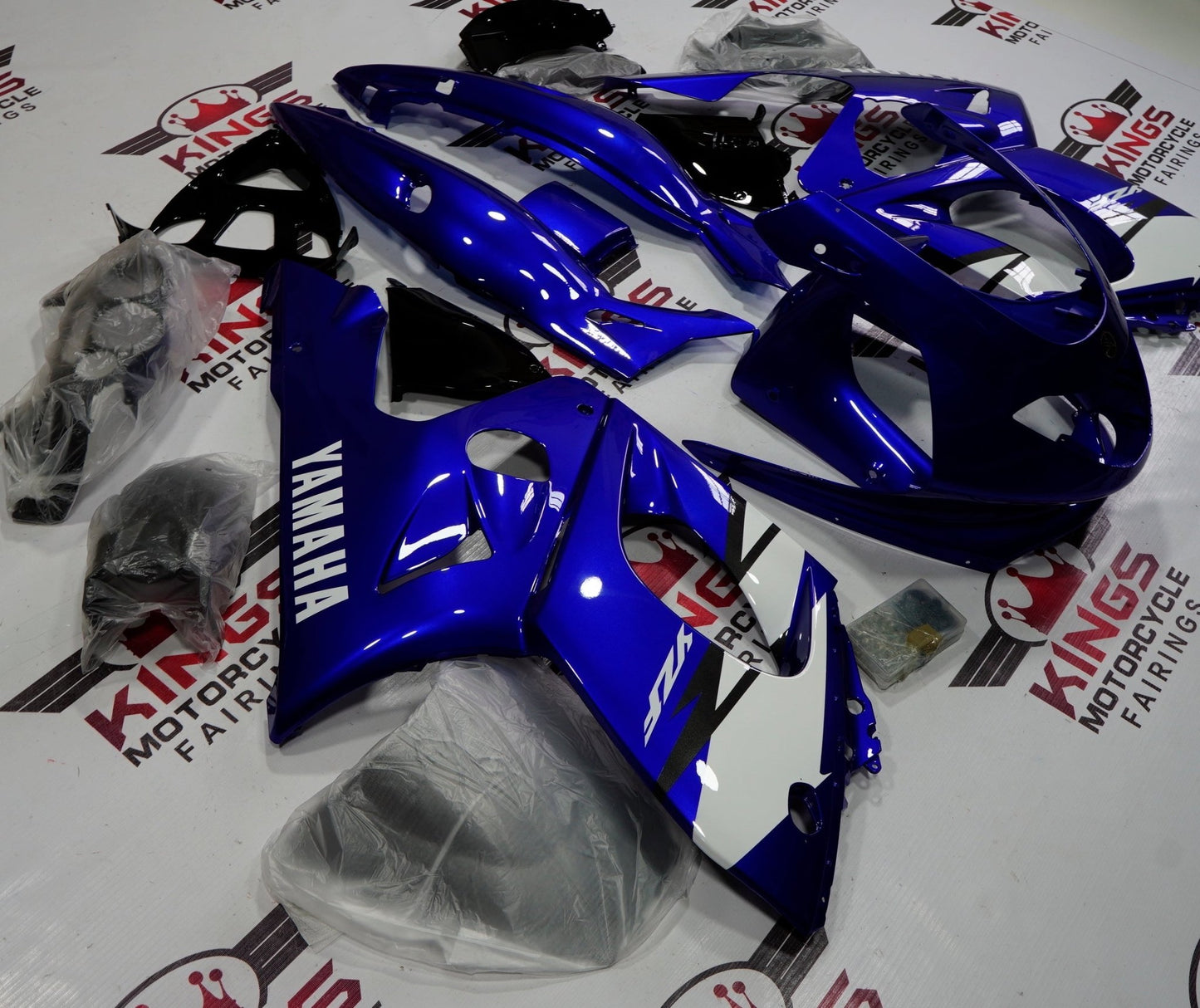 Blue, Silver and White Fairing Kit for a 1998, 1999, 2000, 2001, 2002, 2003, 2004, 2005, 2006 & 2007 Yamaha YZF600R motorcycl