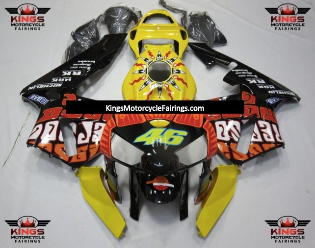 Yellow, Black and Orange Rossi Fairing Kit for a 2005 and 2006 Honda CBR600RR motorcycle