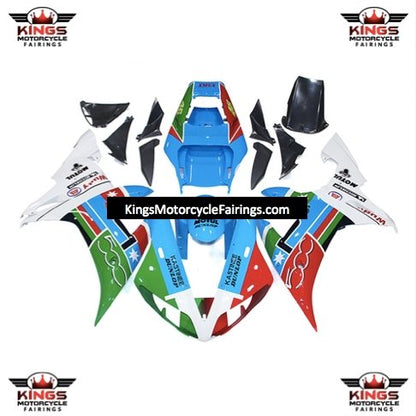 Blue, Red, Green and White Fairing Kit for a 2002 & 2003 Yamaha YZF-R1 motorcycle.