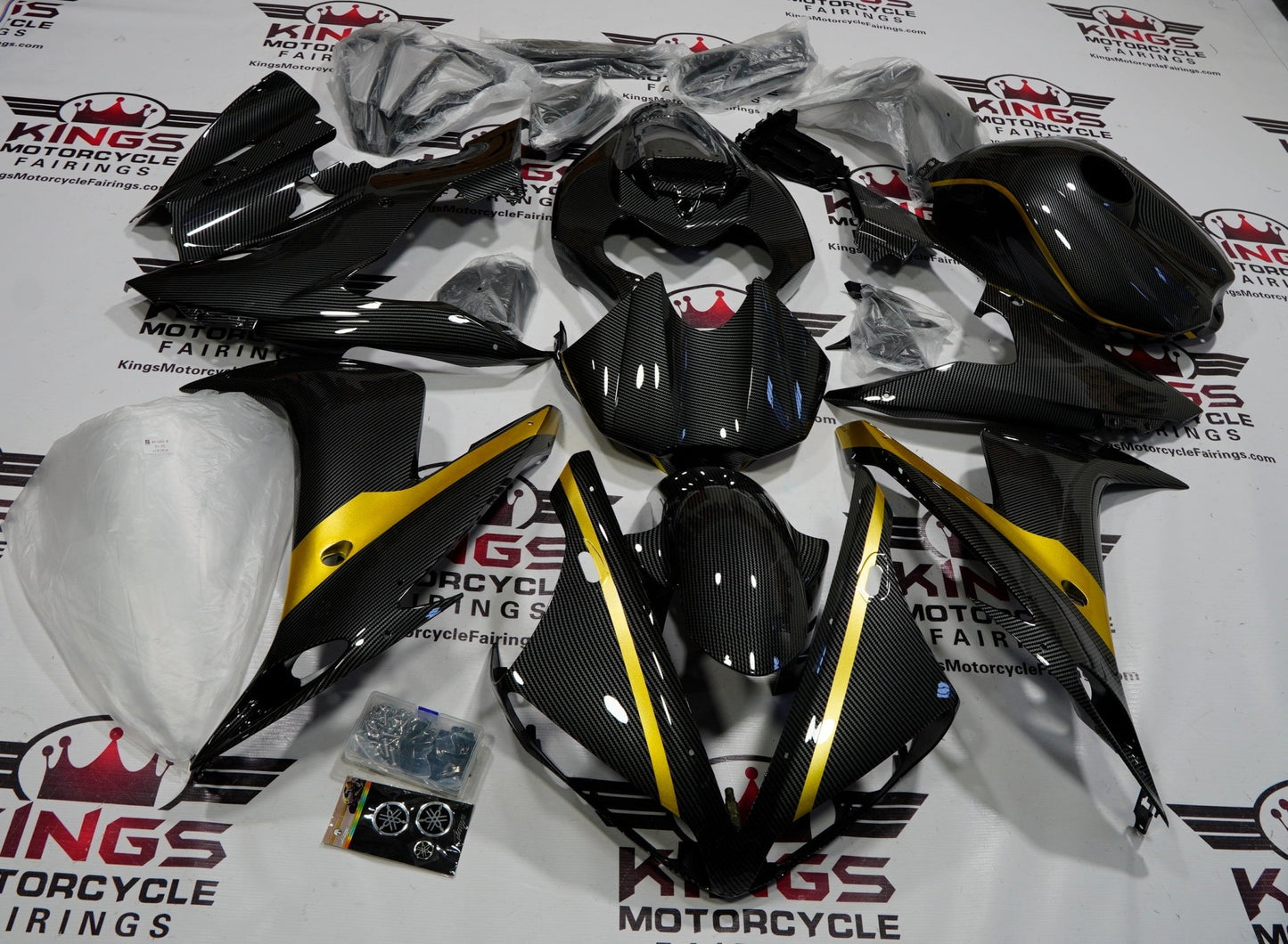 Yamaha YZF-R1 (2004-2006) Faux Carbon Fiber & Gold Fairings at KingsMotorcycleFairings.com
