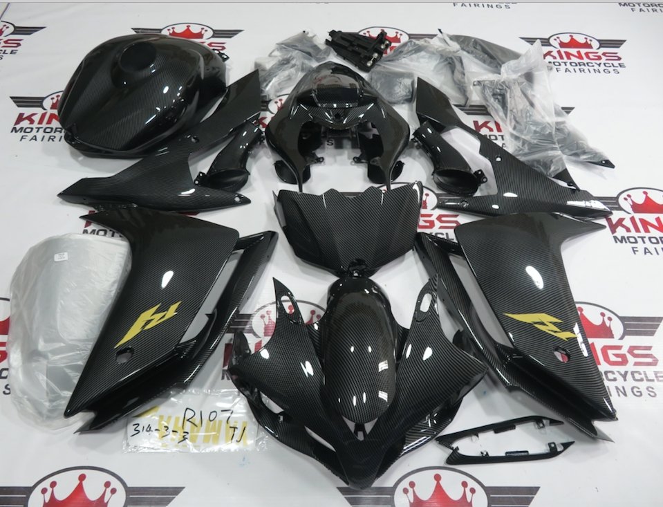 Yamaha YZF-R1 Fairings (2007-2008) Faux Carbon Fiber, Gold at KingsMotorcycleFairings.com