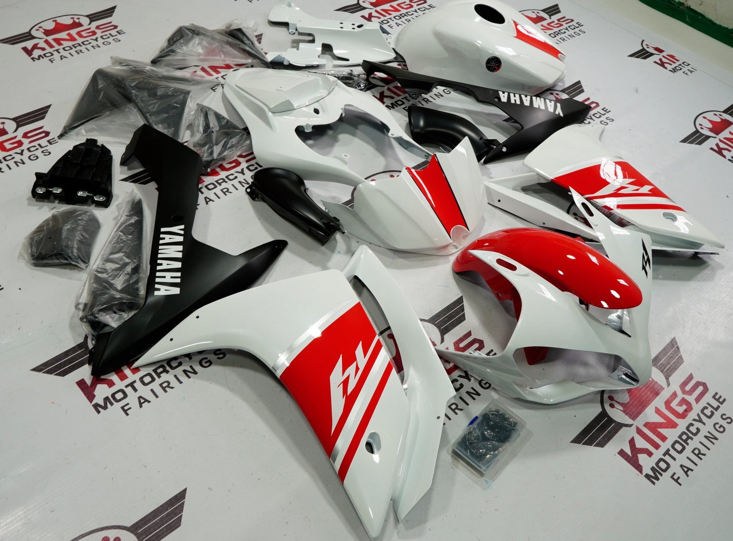 Pearl White, Red, Black and Silver Fairing Kit for a 2007 & 2008 Yamaha YZF-R1 motorcycle