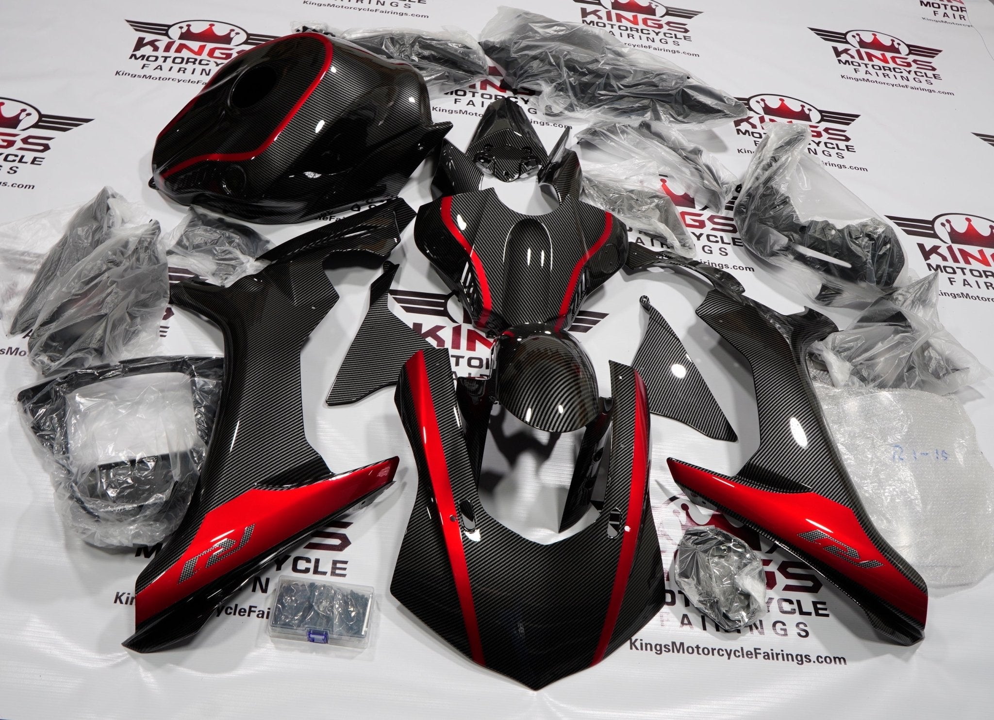 Yamaha YZF-R1 Fairings (2015-2019) Faux Carbon Fiber, Red Stripe at KingsMotorcycleFairings.com