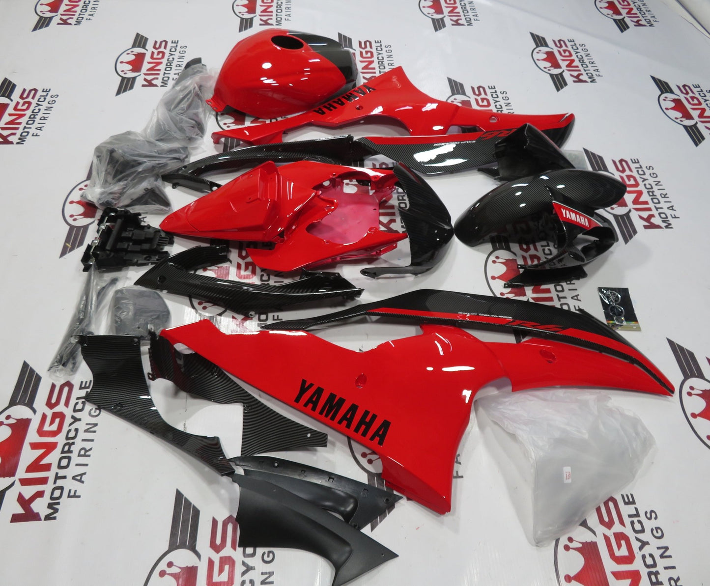 Faux Carbon Fiber, Red and Black Fairing Kit for a 2008, 2009, 2010, 2011, 2012, 2013, 2014, 2015 & 2016 Yamaha YZF-R6 motorcycle