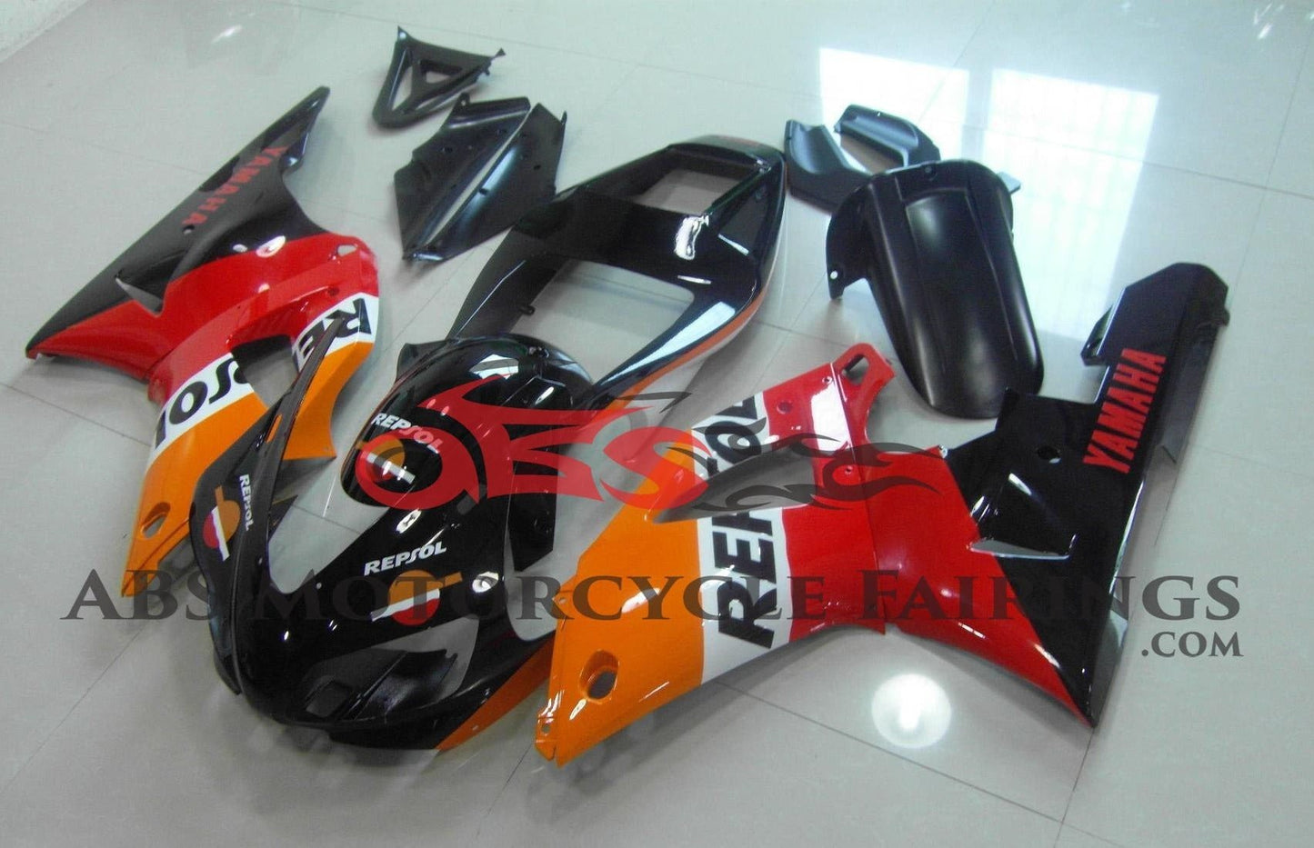 Yamaha R1 Fairings (1998-1999) Black, Orange, Red Repsol at KingsMotorcycleFairings.com