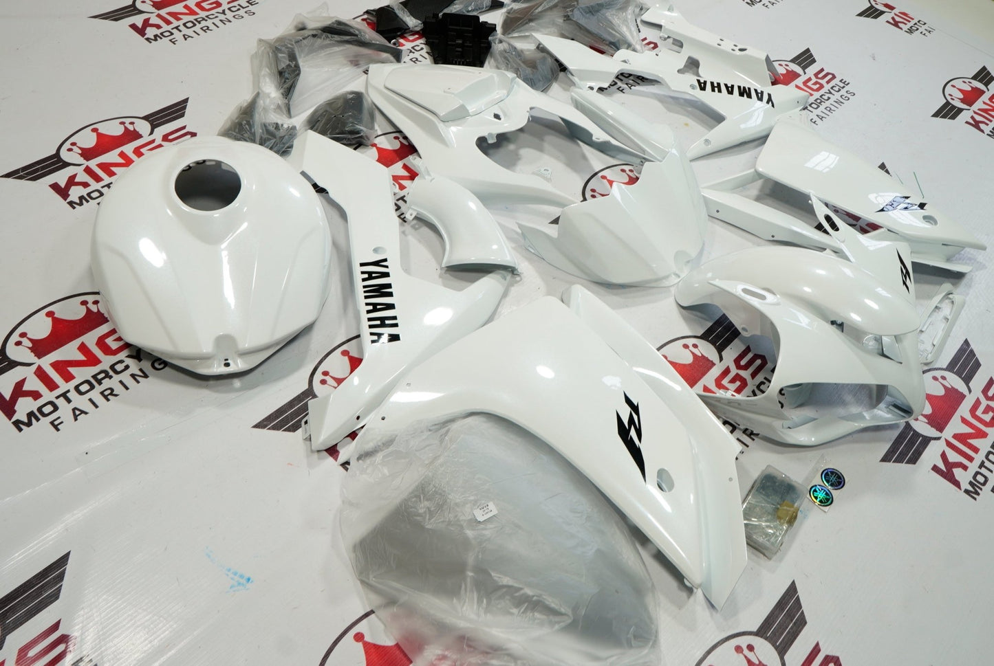 Yamaha R1 Fairings (2007-2008) White, Black at KingsMotorcycleFairings.com