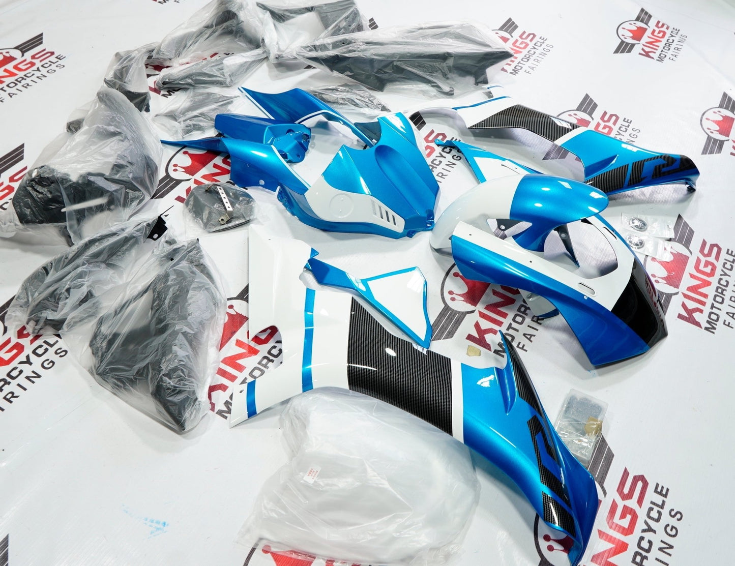 Yamaha R1 Fairings (2020-2025) Blue, White, Faux Carbon Fiber at KingsMotorcycleFairings.com