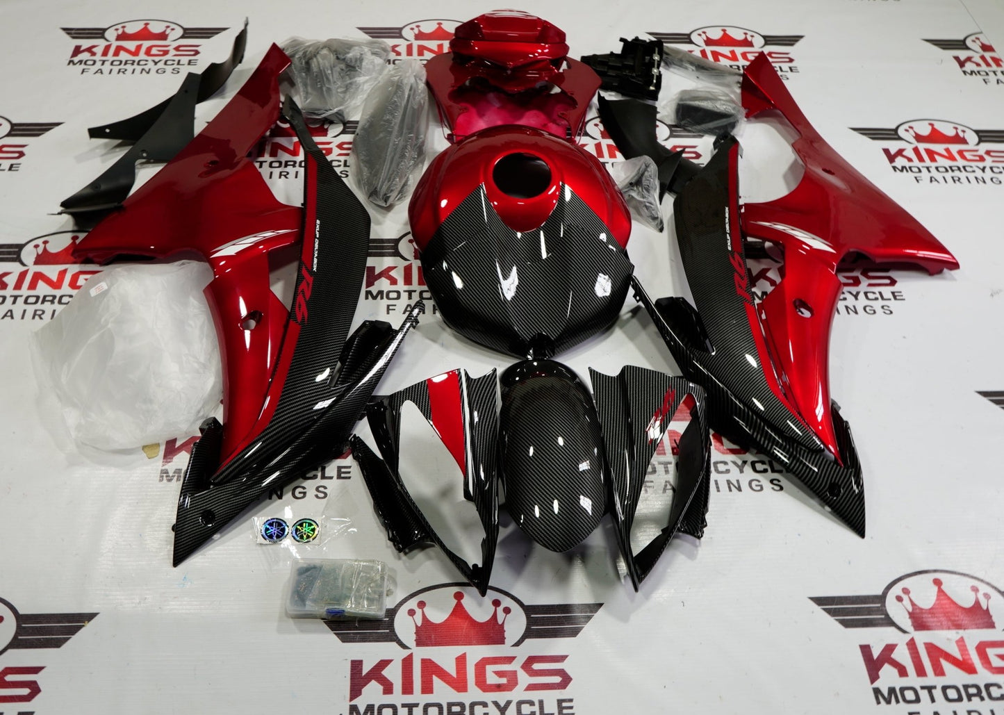 Yamaha R6 Fairings (2008-2016) Faux Carbon Fiber, Candy Red at KingsMotorcycleFairings.com