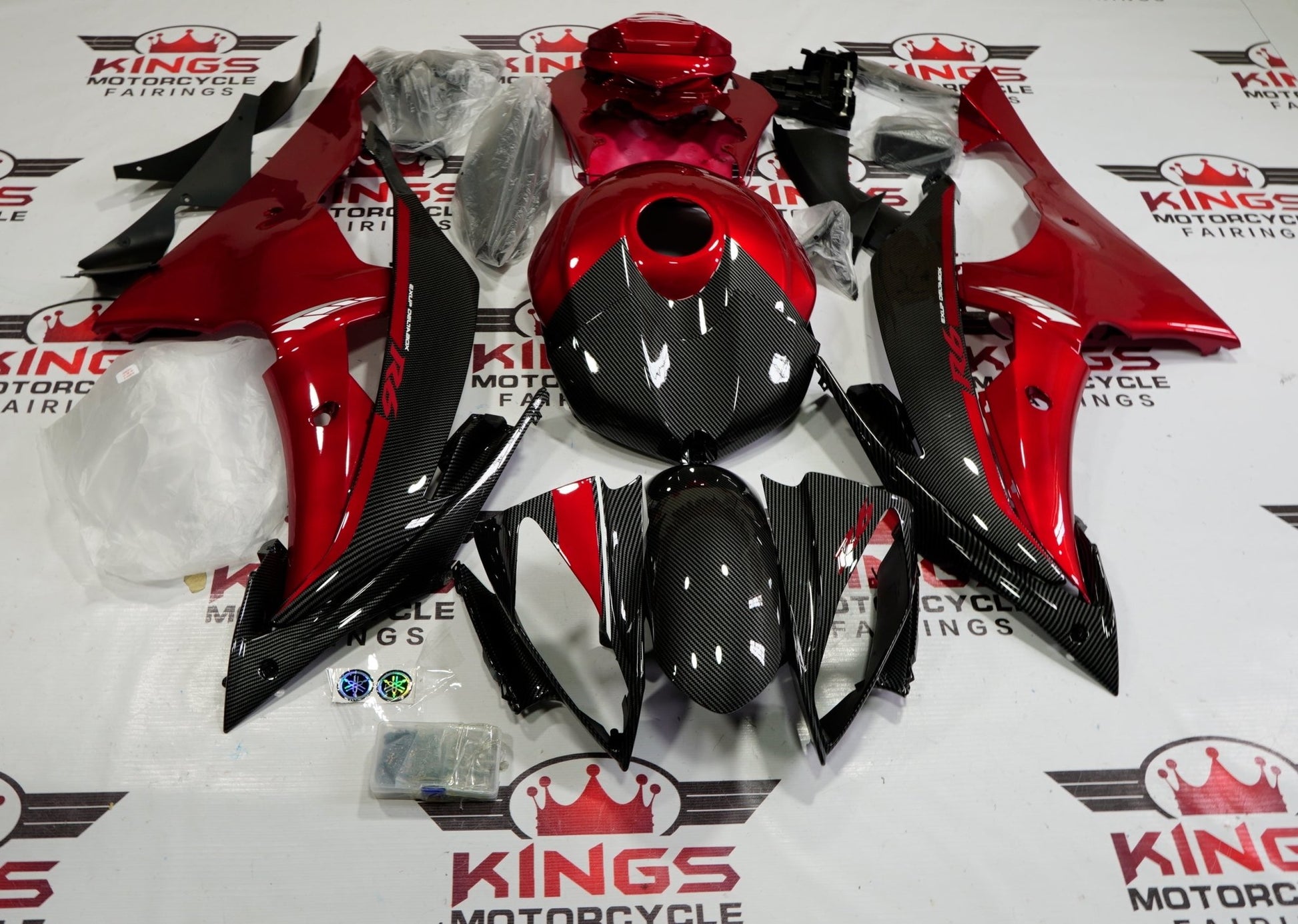 Yamaha R6 Fairings (2008-2016) Faux Carbon Fiber, Candy Red at KingsMotorcycleFairings.com