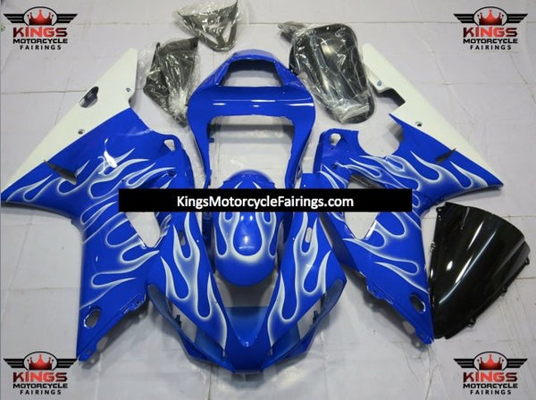 Yamaha YZF-R1 Fairings (2000-2001) Blue, White Flame at KingsMotorcycleFairings.com