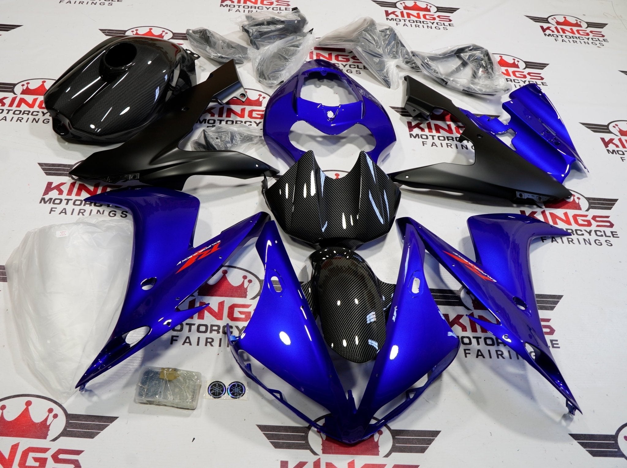 Yamaha YZF-R1 Fairings (2004-2006) Blue, Faux Carbon Fiber, Matte Black at KingsMotorcycleFairings.com