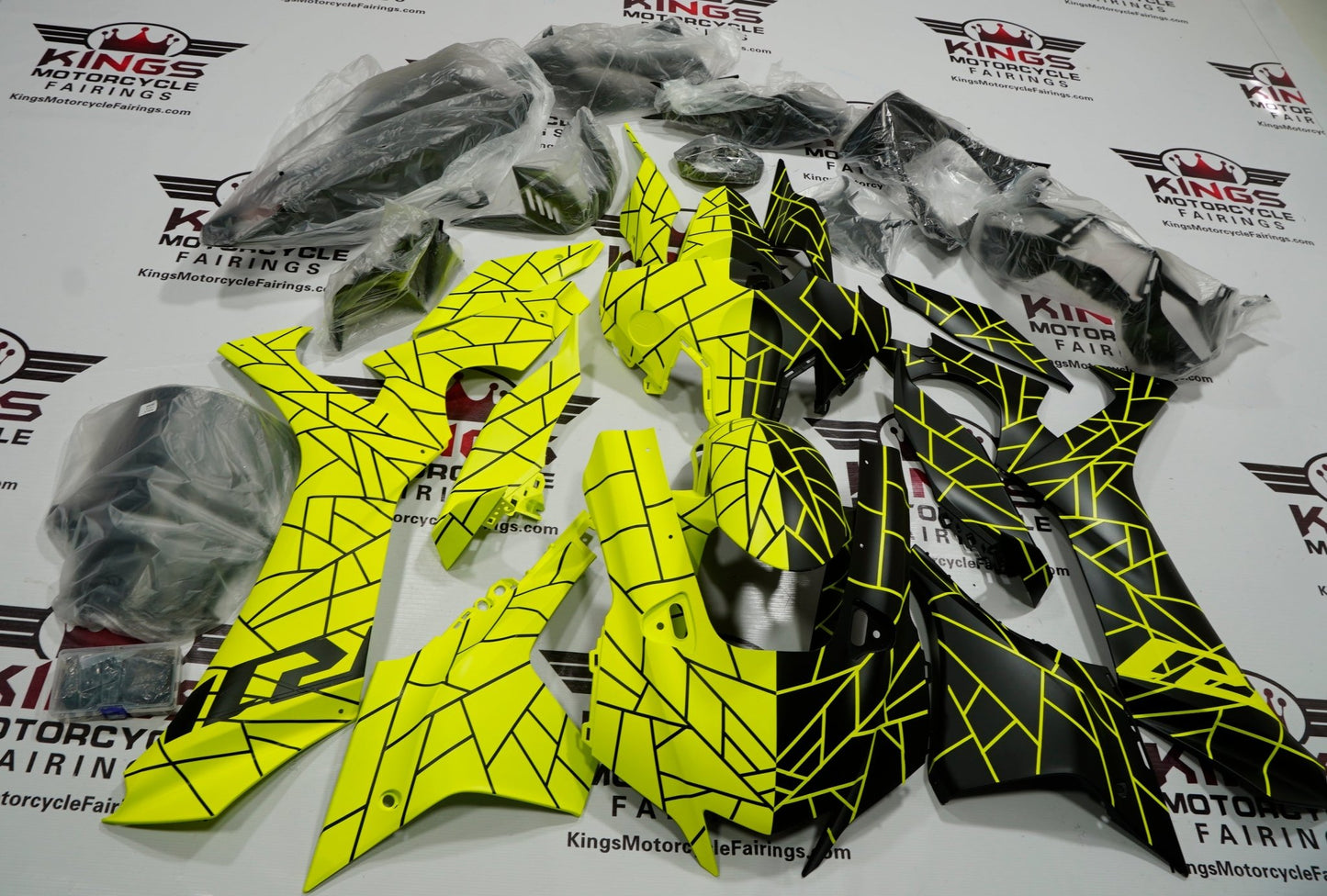Yamaha YZF-R1 Fairings (2020-2025) Matte Black, Neon Yellow Split at KingsMotorcycleFairings.com