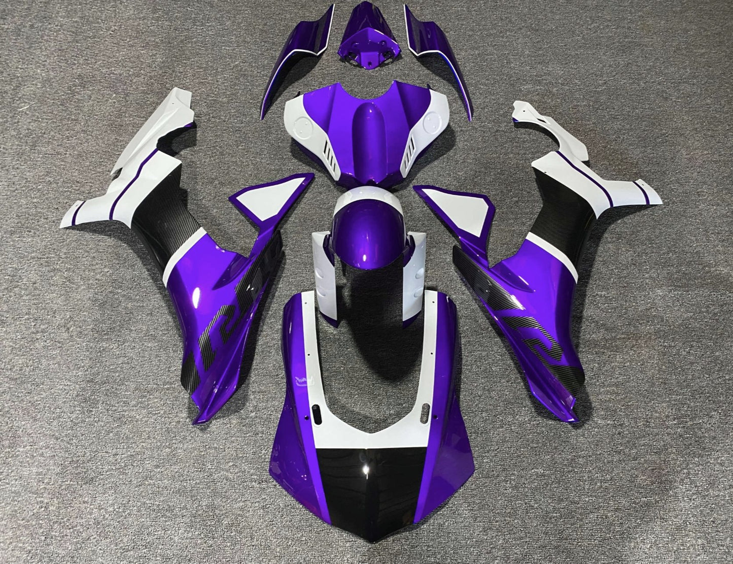 Yamaha YZF-R1 Fairings (2020-2025) Purple, White, Faux Carbon Fiber at KingsMotorcycleFairings.com