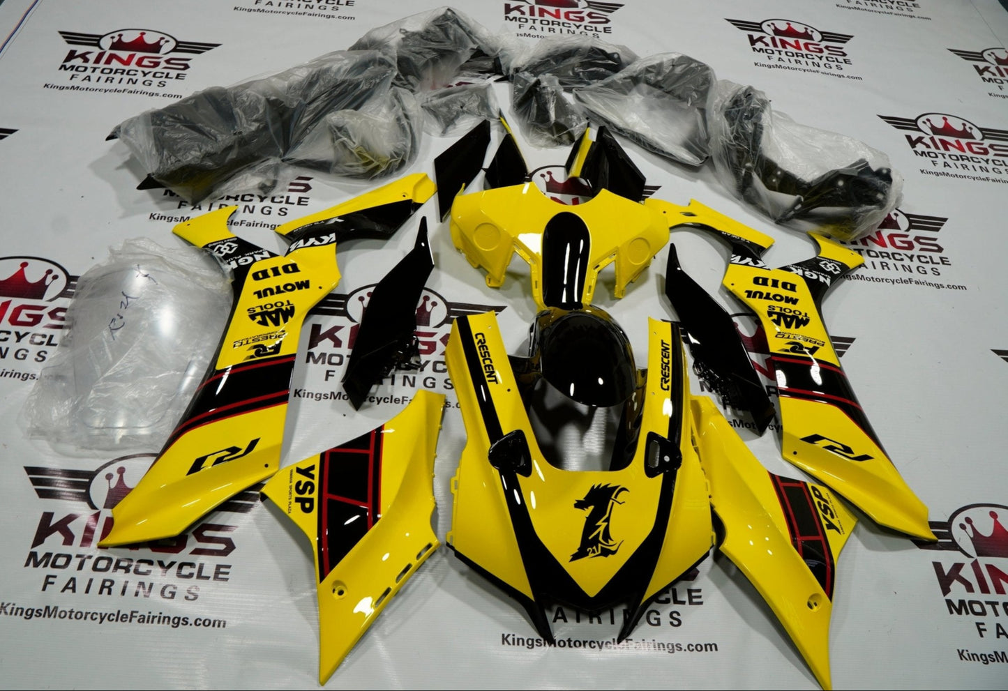 Yamaha YZF-R1 Fairings (2020-2025) Yellow, Black, Red Stripe at KingsMotorcycleFairings.com