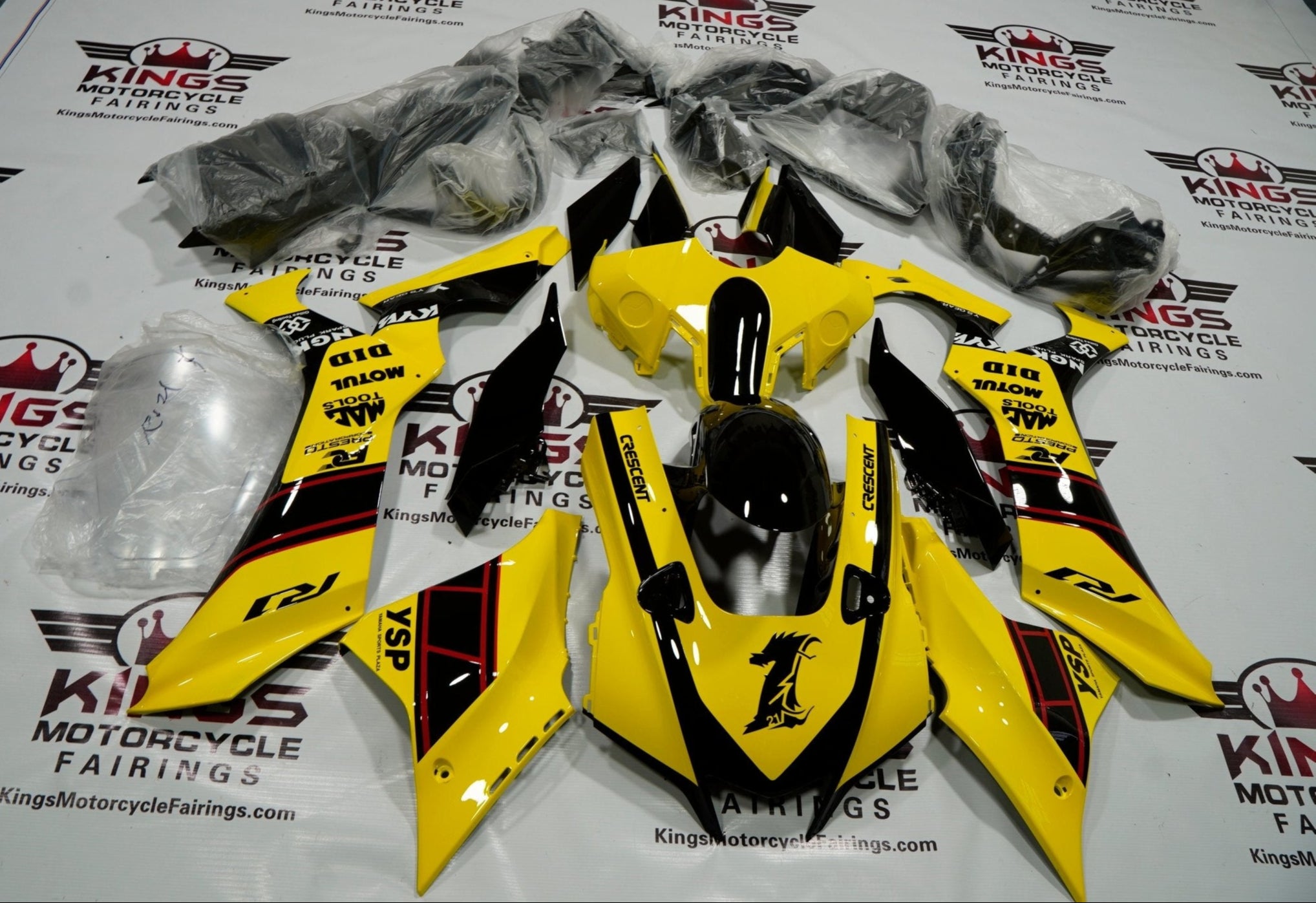 Yamaha YZF-R1 Fairings (2020-2025) Yellow, Black, Red Stripe at KingsMotorcycleFairings.com
